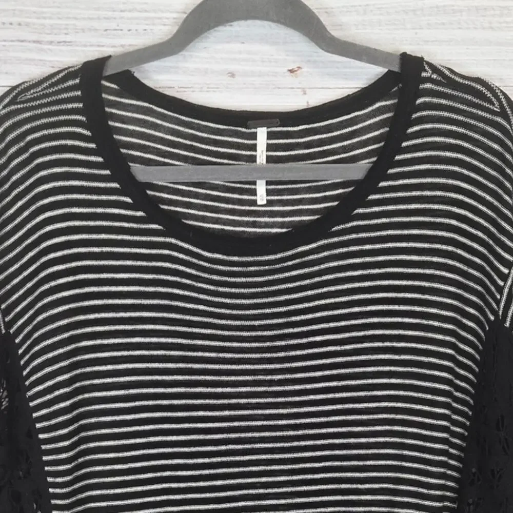 Free People Love Me Do Black Stripe Top XS Linen Crochet Lace Trim Relaxed Boho